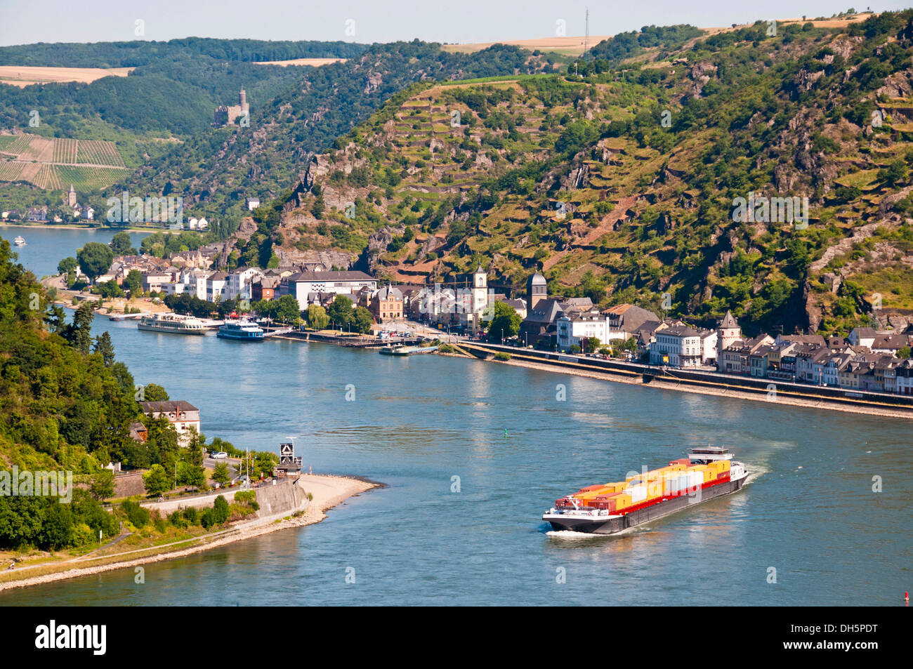 Container ship, Rhine River curves, Lorelei, Rhine Gorge, St. Goarshausen, Rhineland-Palatinate, Germany Stock Photo