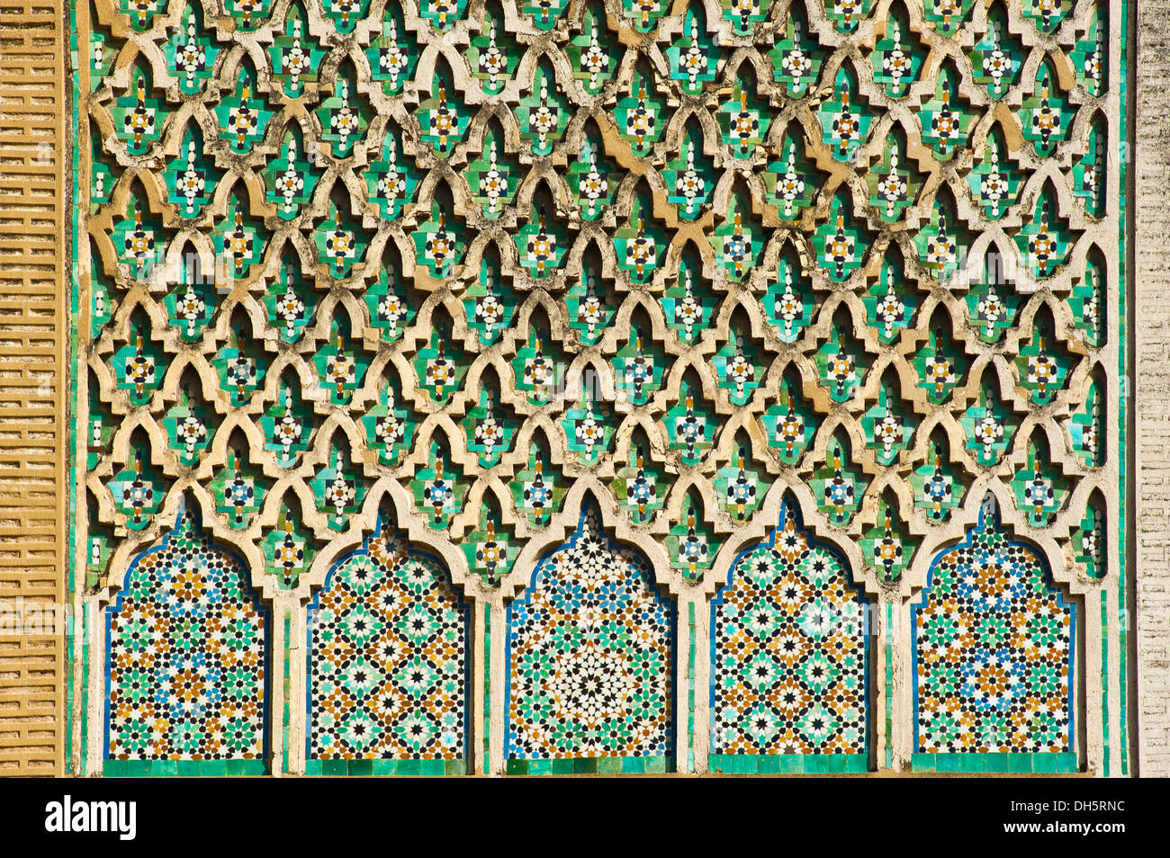 Tile mosaics, zellige, zillij or zellij tilework on the Bab Mansour gate, medina, Meknes, Morocco, Africa Stock Photo