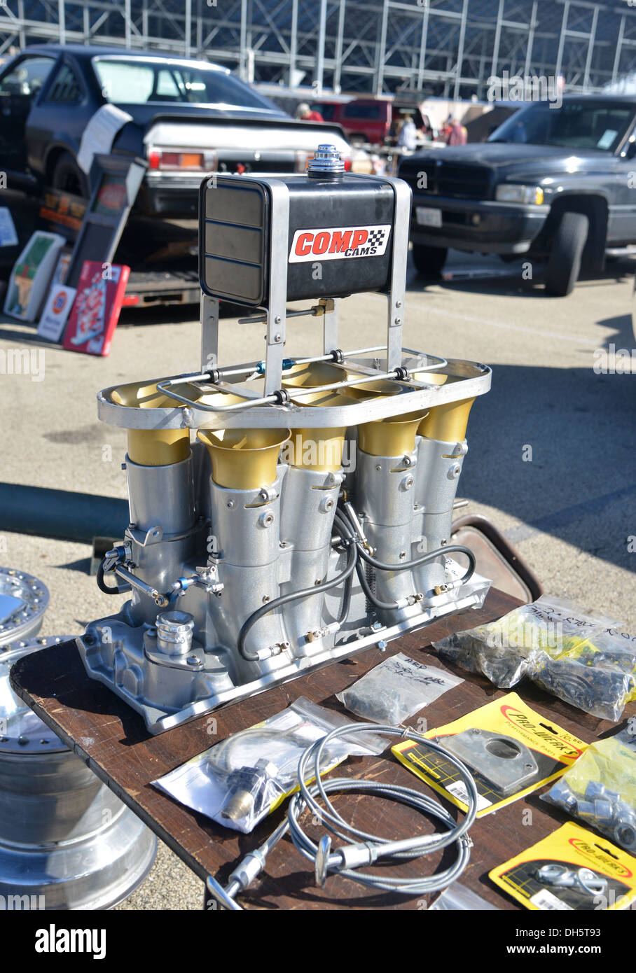 Car parts for sale at an auto jumble swap meet at Route 66 Raceway, Elwood, Illinois on Historic