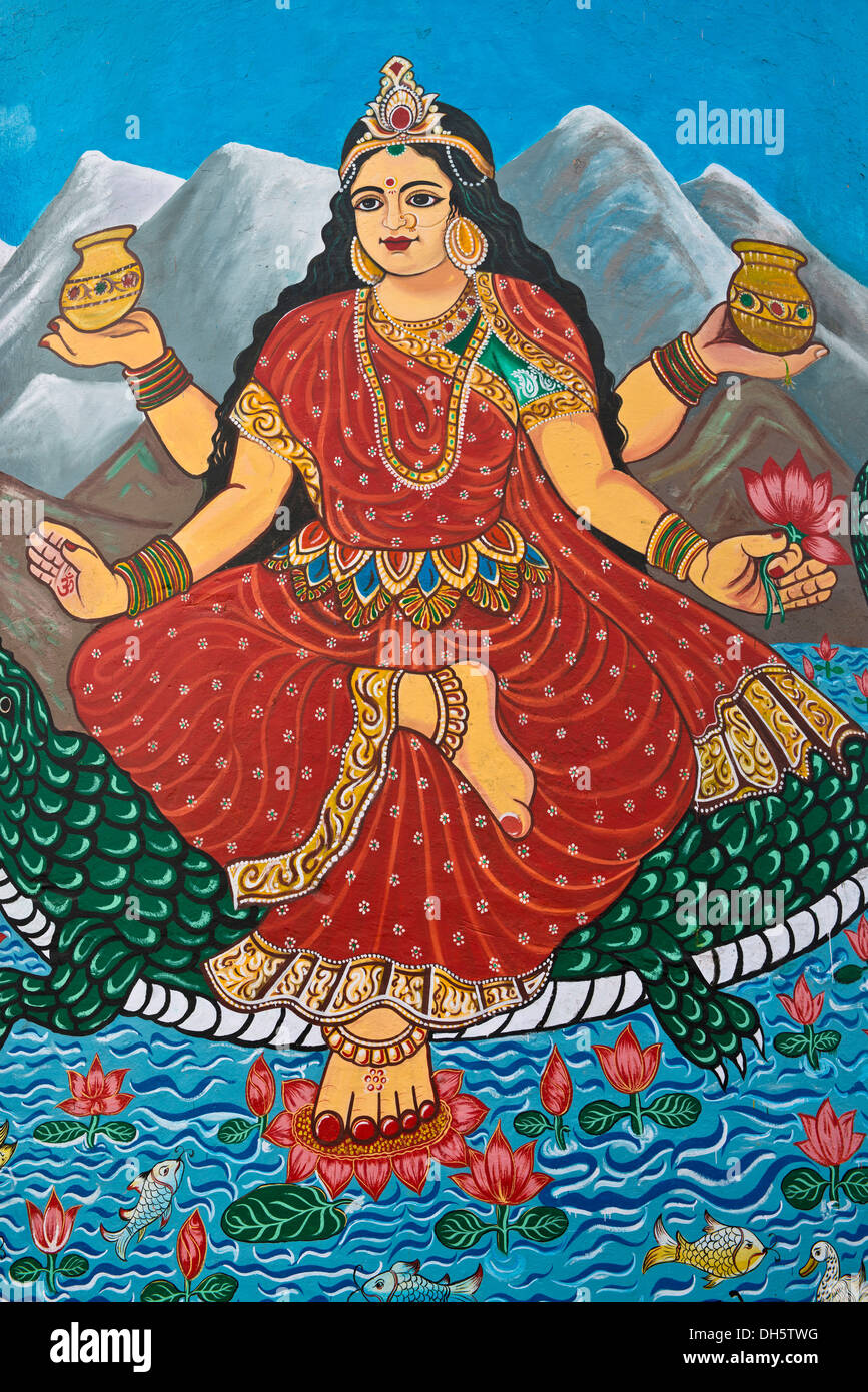 Mother Goddess Ganga painted on the wall of a house on the banks of the Ganges River, Varanasi, Uttar Pradesh, India Stock Photo