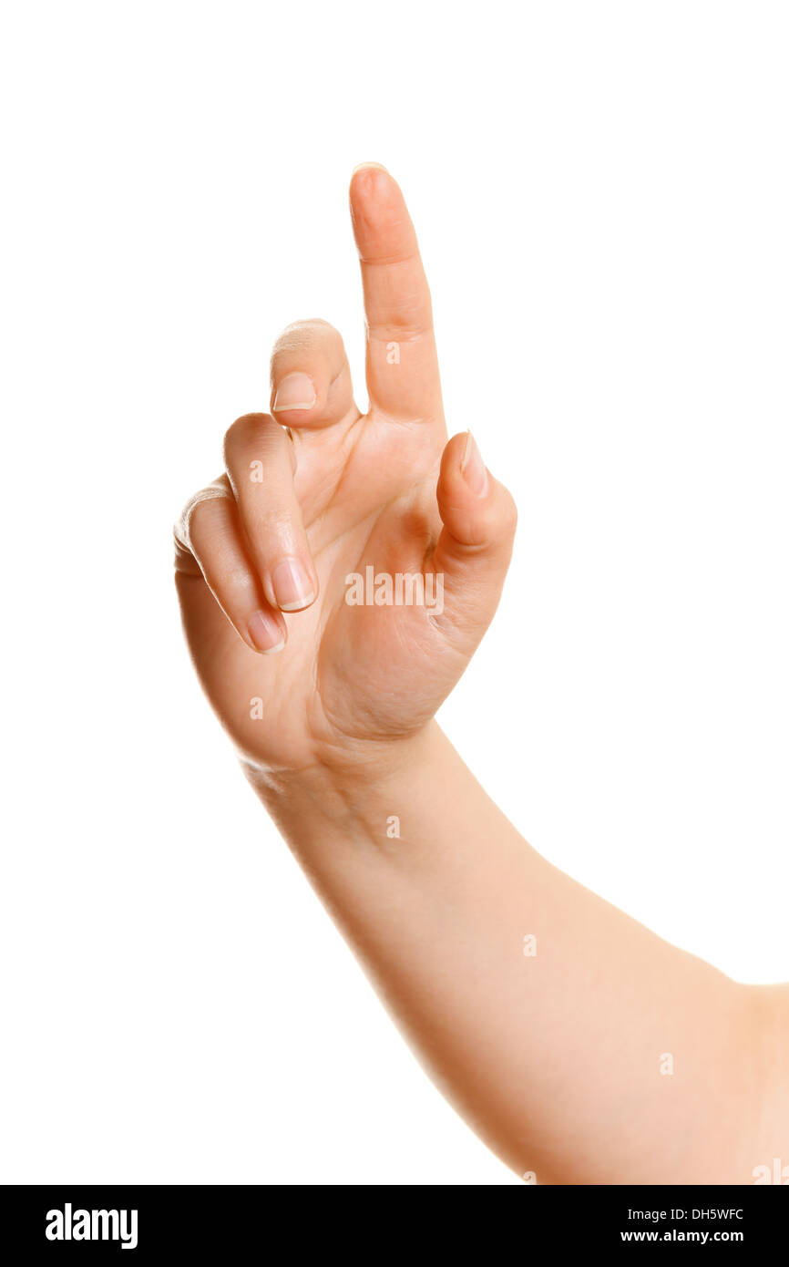 Female hand pushing a button on a white background Stock Photo