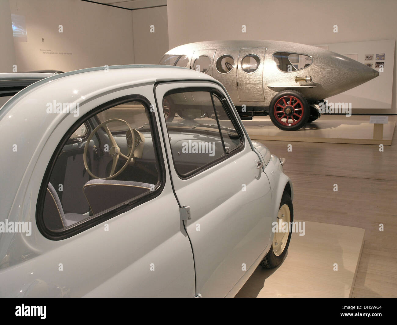 Fiat 500 in front of an Alfa 40, 60 HP Ricotti, Mitomacchina exhibition, Museum of Modern Art, MART, Rovereto, Italy, Europe Stock Photo