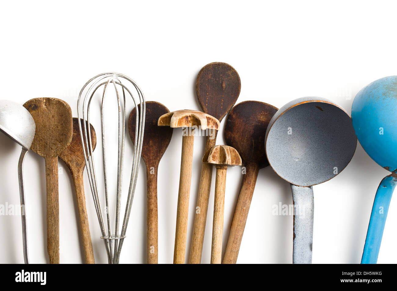 top view of old kitchenware on white background Stock Photo