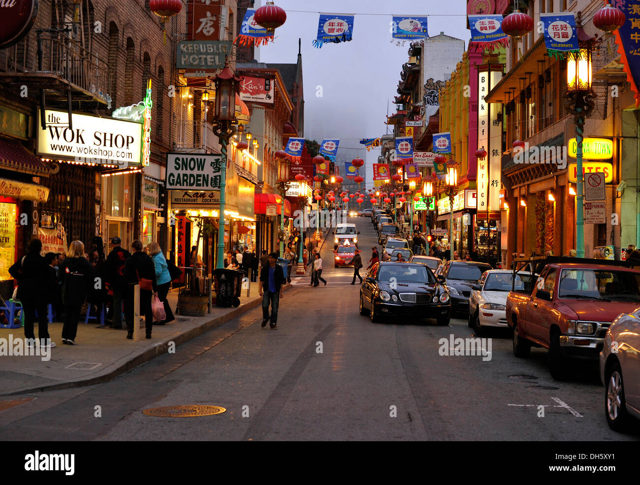 Street with lanterns in Chinatown at dusk, San Francisco, California, USA, PublicGround Stock Photo