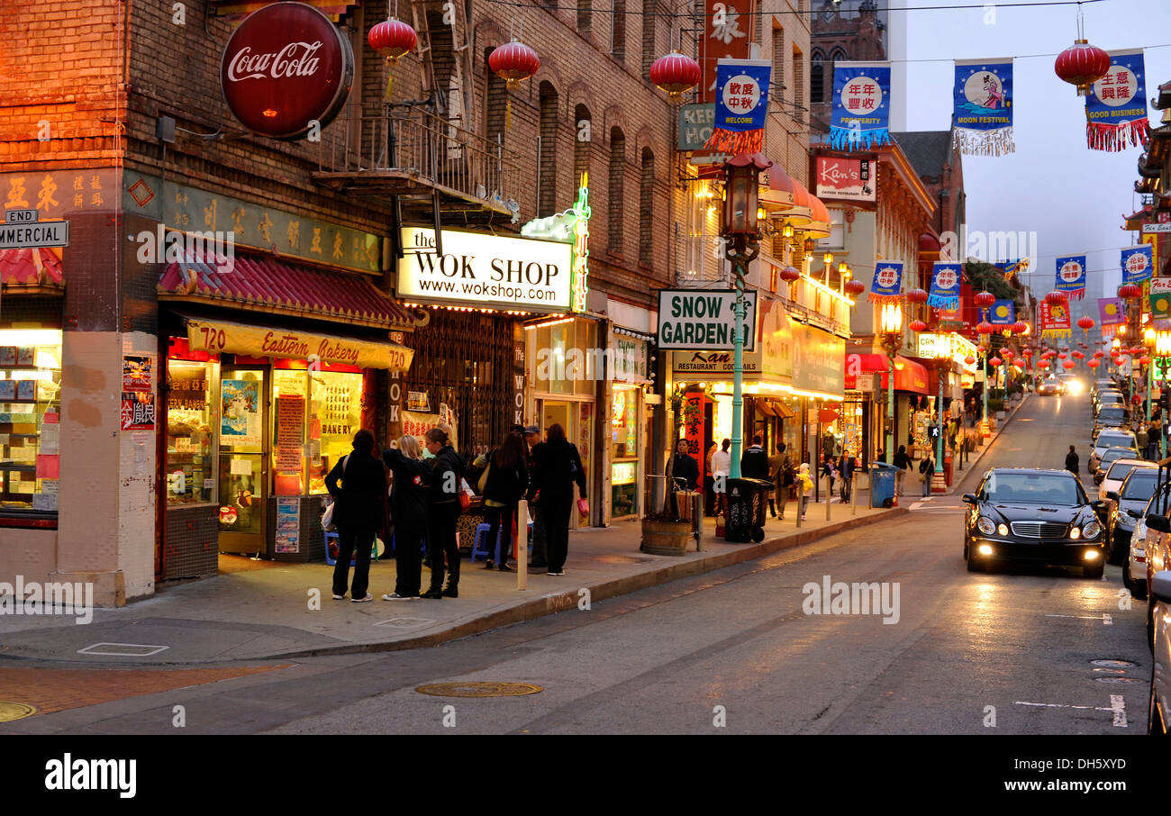 Street with lanterns in Chinatown at dusk, San Francisco, California, USA, PublicGround Stock Photo
