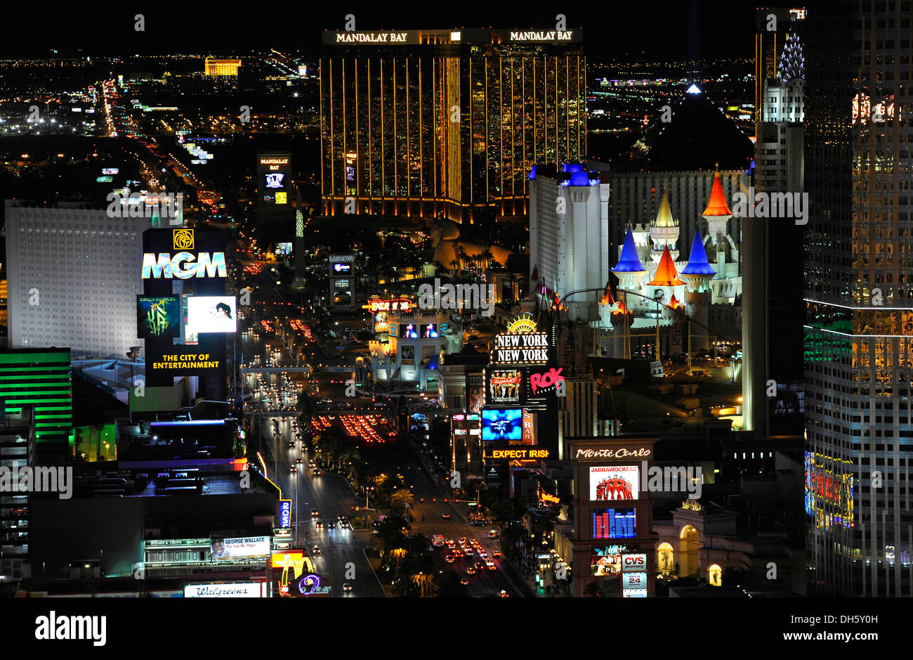 Night shot, The Strip, MGM Grand luxury hotel, New York, Mandalay Bay, Excalibur Hotel, Las Vegas, Nevada, USA Stock Photo