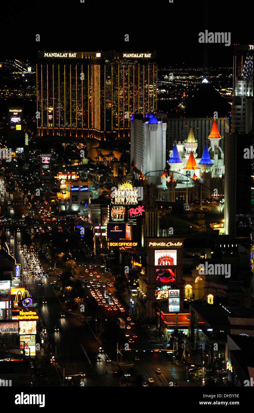 Night shot, The Strip, New York, a luxury hotel, Mandalay Bay, Excalibur Hotel, Las Vegas, Nevada, USA Stock Photo