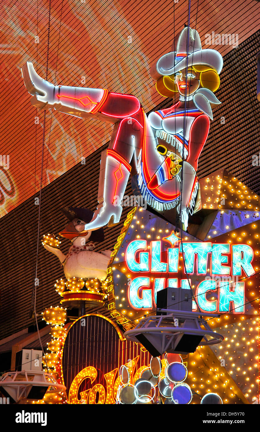 Vicky, famous cowgirl figure on a neon sign in old Las Vegas, Glitter Gulch Casino Hotel, Fremont Street Experience Stock Photo