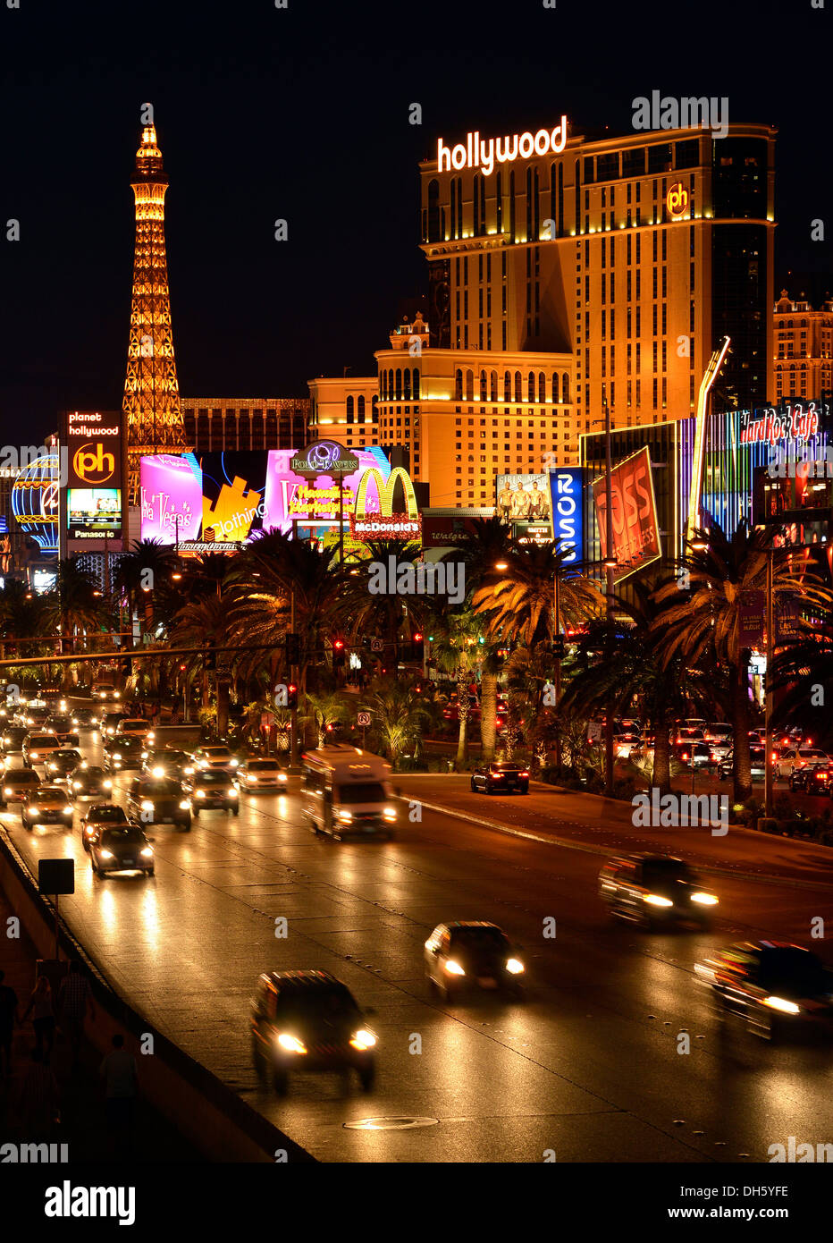 Night scene, The Strip, Paris Luxury Hotel, Planet Hollywood, Las Vegas, Nevada, United States of America, USA Stock Photo