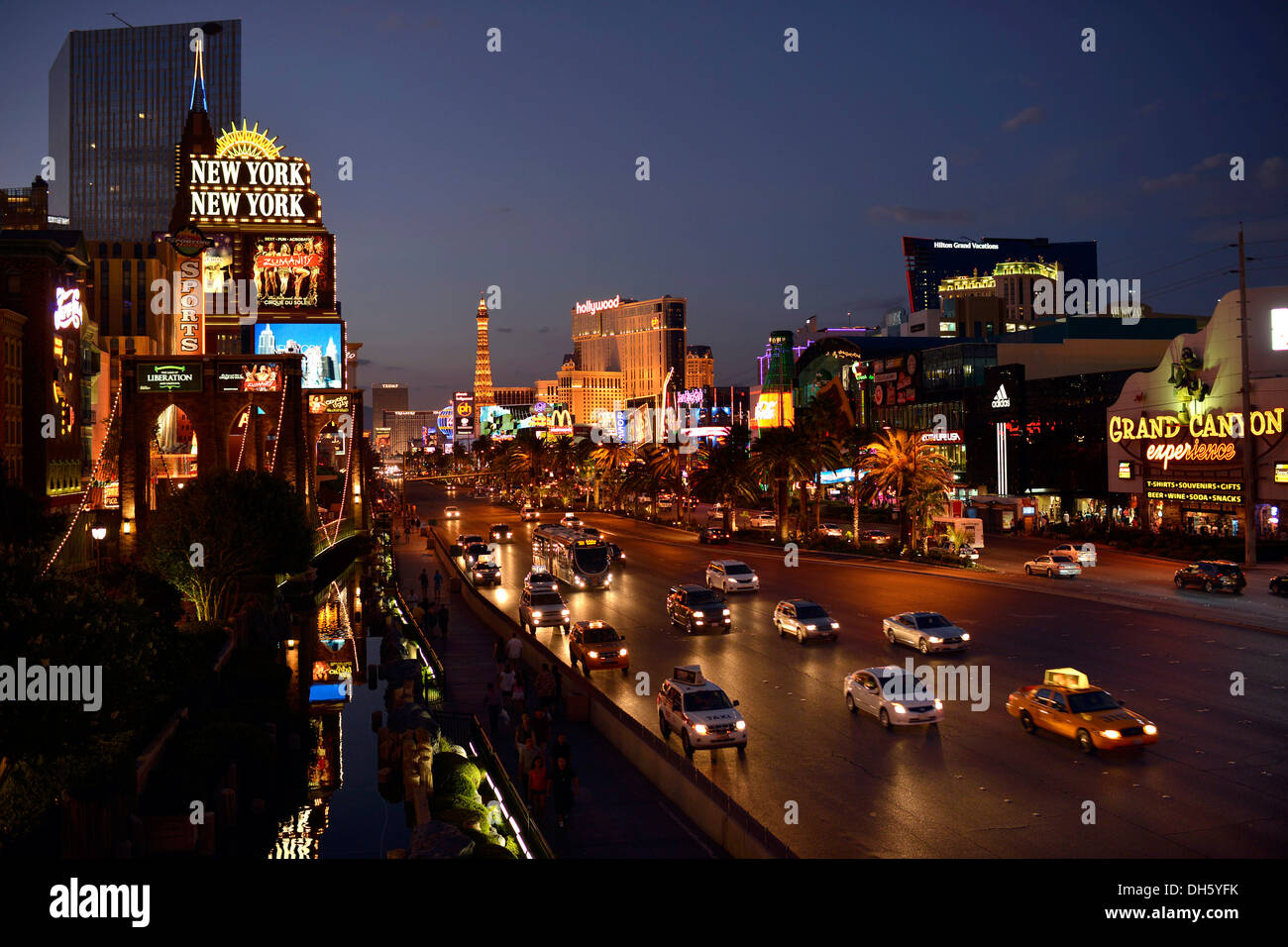 Night scene, The Strip, Planet Hollywood, luxury hotel, The Cosmopolitan, Paris, Treature Island, New York New York, Las Vegas Stock Photo