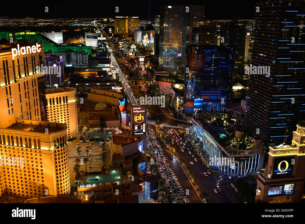 Night scene, The Strip, MGM Grand luxury hotel, Planet Hollywood, The Cosmopolitan, New York New York, Mandalay Bay, Excalibur Stock Photo