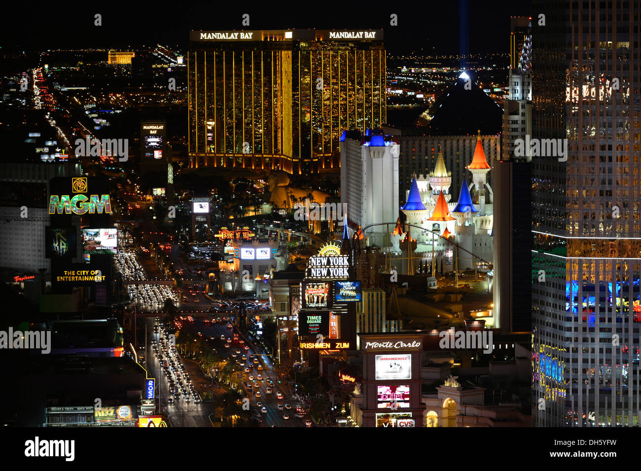 Night scene, The Strip, The Cosmopolitan luxury hotel, New York New York, Mandalay Bay, Excalibur, Las Vegas, Nevada Stock Photo