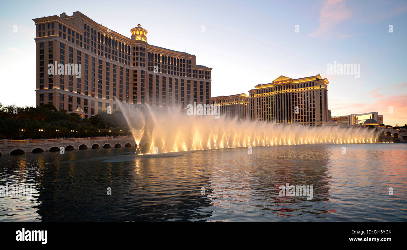 Trick fountains, Bellagio, Caesars Palace, The Mirage, luxury hotels and casinos, Las Vegas, Nevada, USA, PublicGround Stock Photo