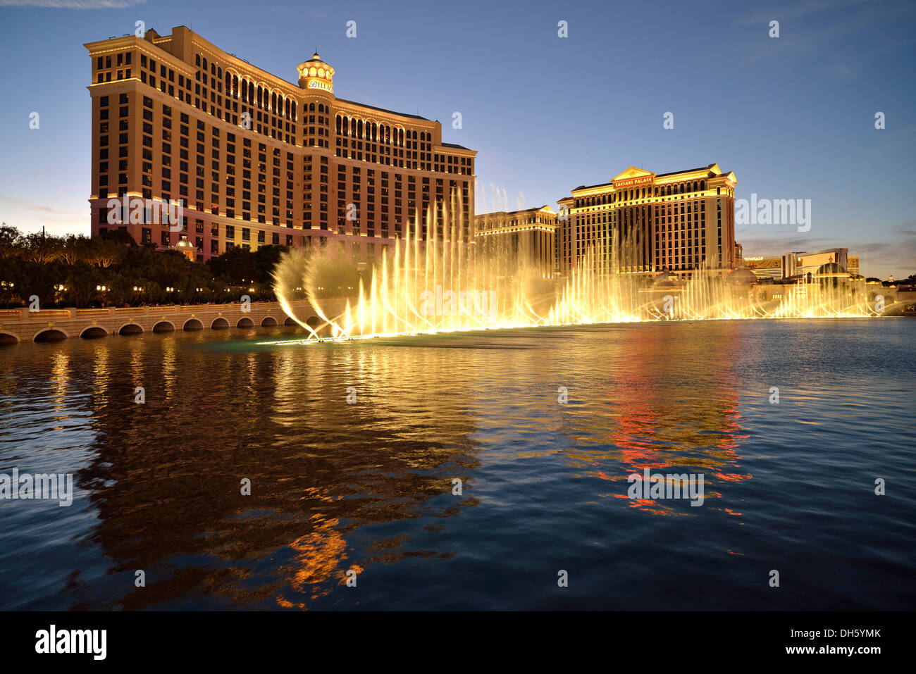 Trick fountains, Bellagio, Caesars Palace, The Mirage, luxury hotels and casinos, Las Vegas, Nevada, USA, PublicGround Stock Photo