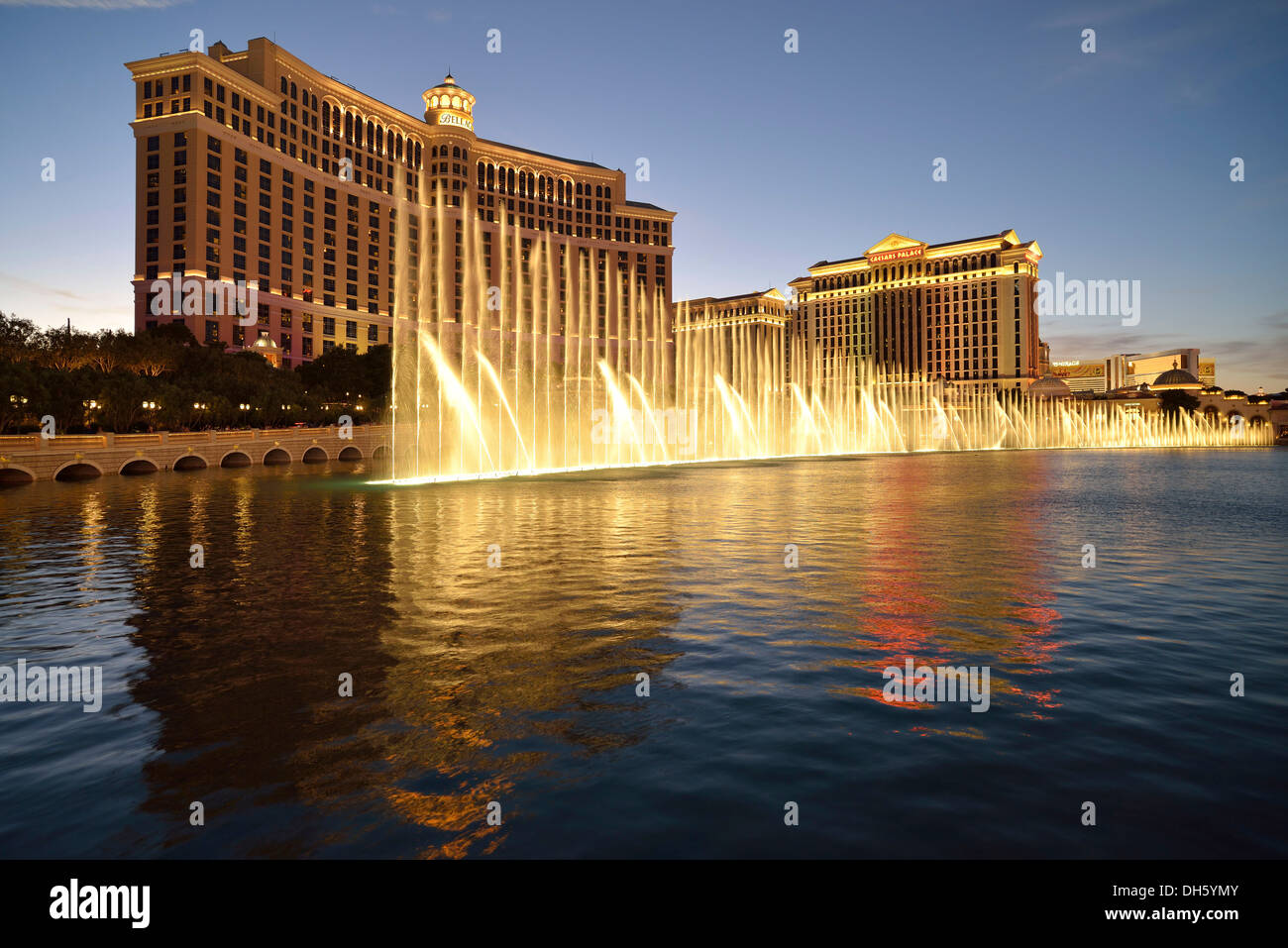 Trick fountains, Bellagio, Caesars Palace, The Mirage, luxury hotels and casinos, Las Vegas, Nevada, USA, PublicGround Stock Photo