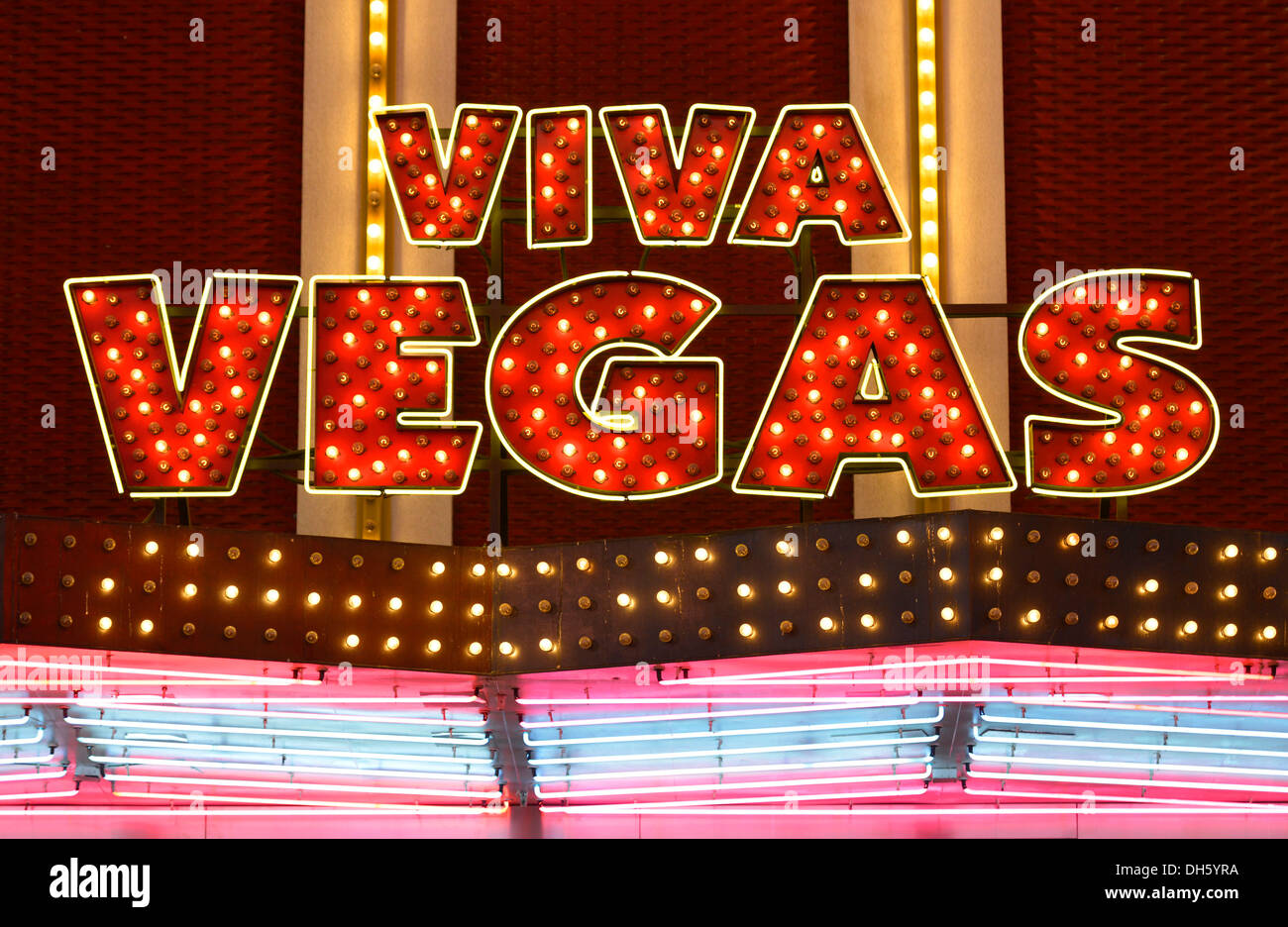 Neon logo of the Viva Las Vegas Gambling Hotel and Casino, Fremont Street Experience in old Las Vegas, Downtown Las Vegas Stock Photo