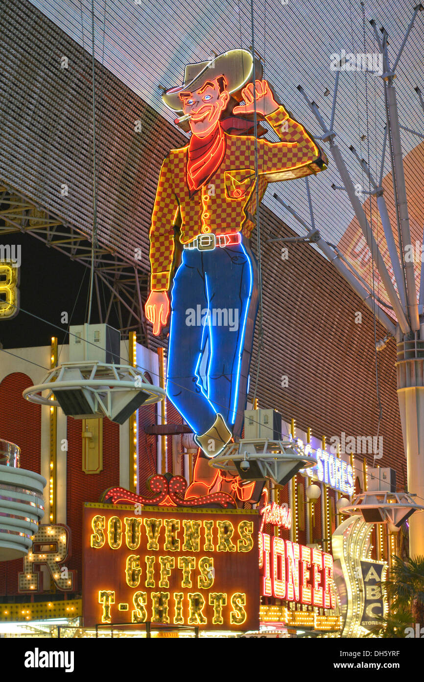 Vegas Vic, the famous cowboy figure and landmark, neon sign in old Las Vegas, Pioneer Casino Hotel, Fremont Street Experience Stock Photo