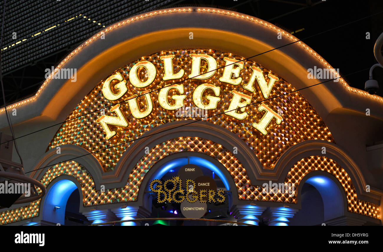 Neon logo of the Golden Nugget Gambling Hotel and Casino, Fremont Street Experience in old Las Vegas, Downtown Las Vegas, Nevada Stock Photo
