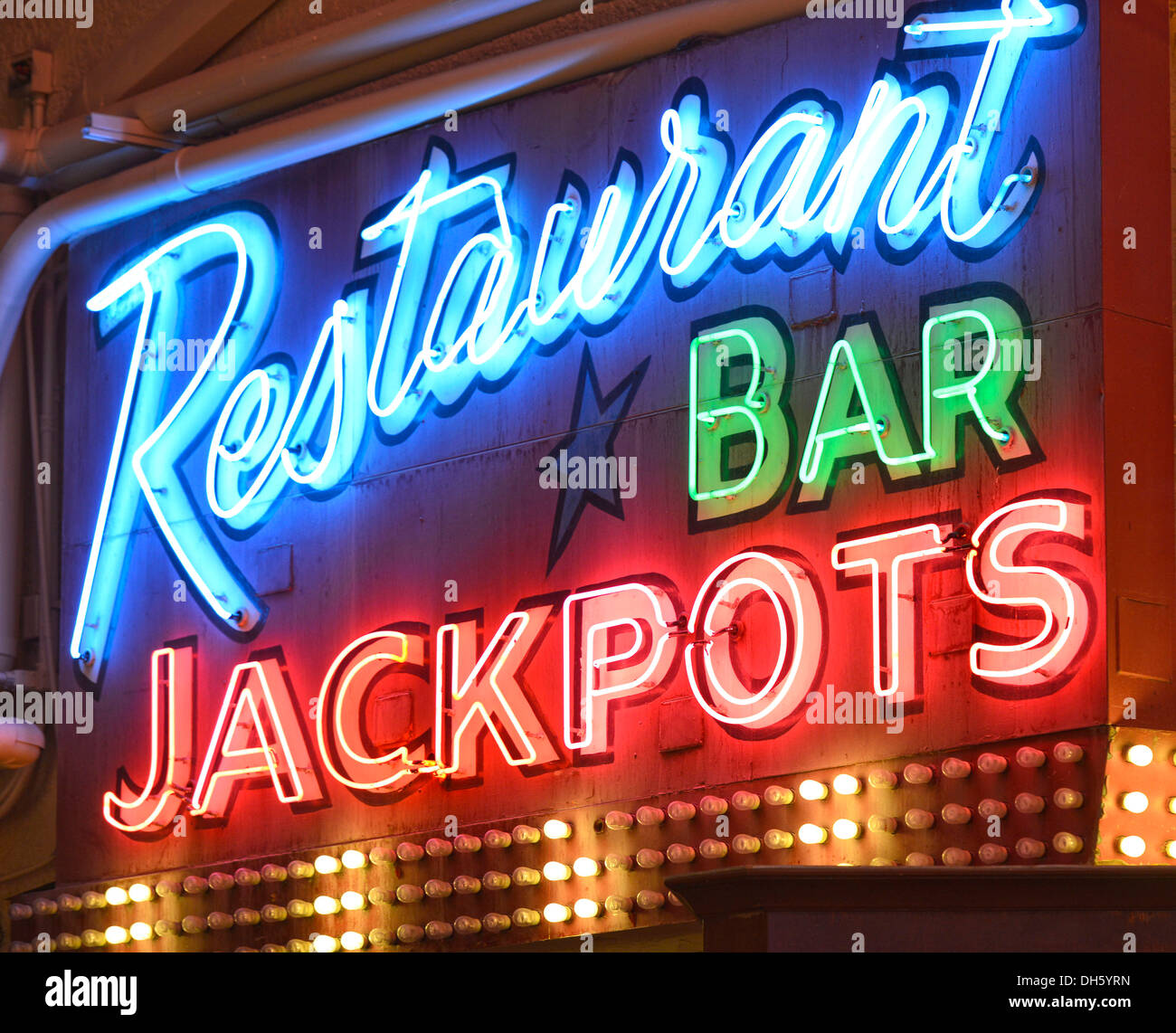 Neon logo, Restaurant, Bar, Jackpots, Fremont Casino and Hotel, Fremont Street Experience in old Las Vegas, Downtown Las Vegas Stock Photo