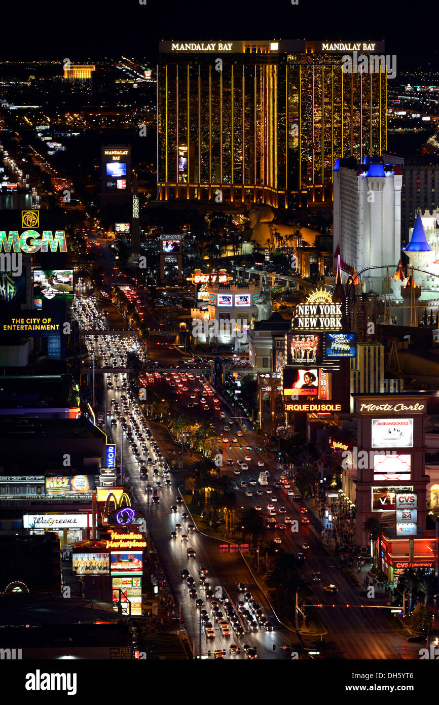 The Strip at night, The Cosmopolitan luxury hotel, New York New York, Mandalay Bay, Excalibur, Las Vegas, Nevada Stock Photo