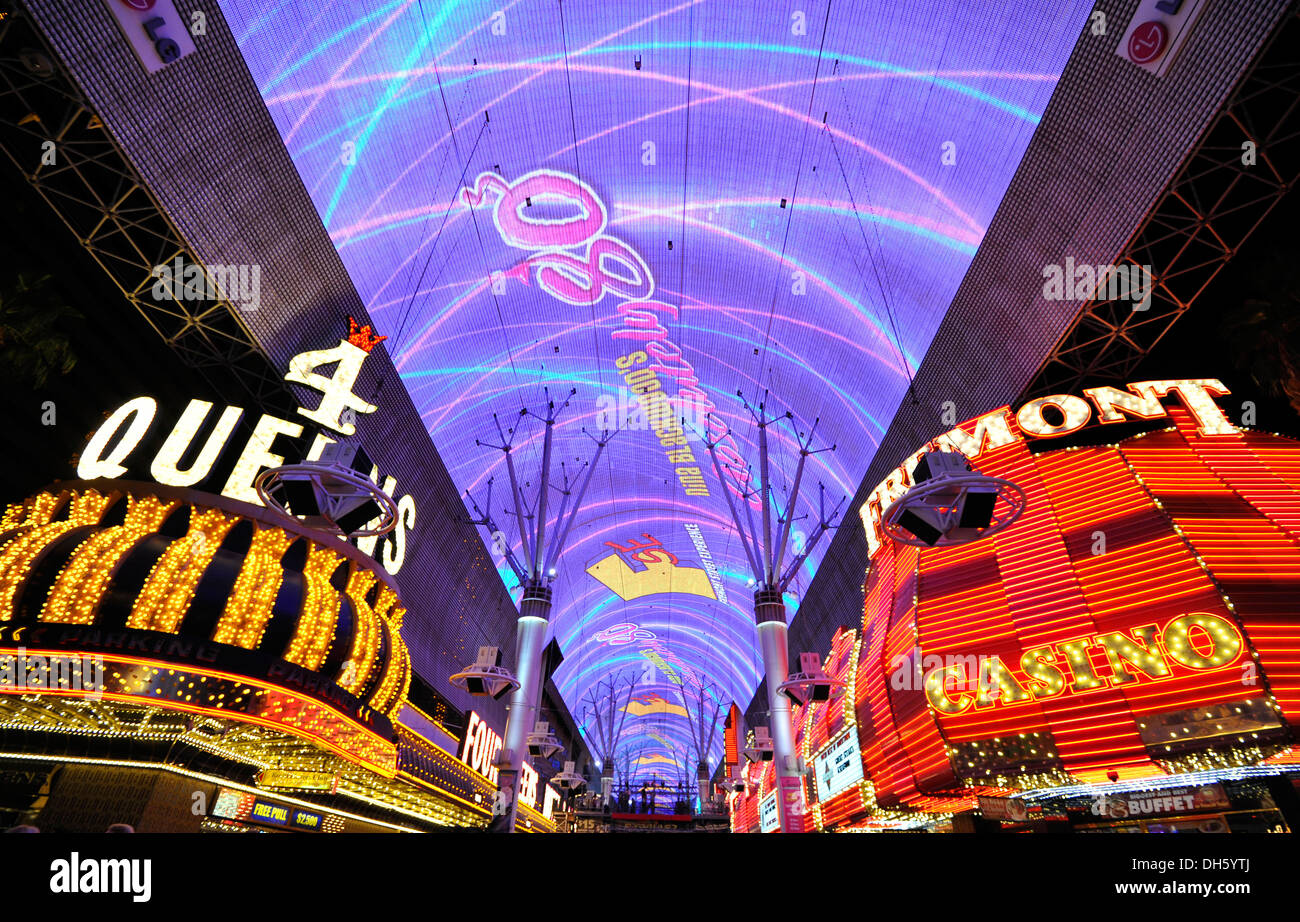 Neon dome of the Fremont Street Experience in old Las Vegas, Casino Hotel 4 Queens, Fremont Casino, Downtown Las Vegas, Nevada Stock Photo