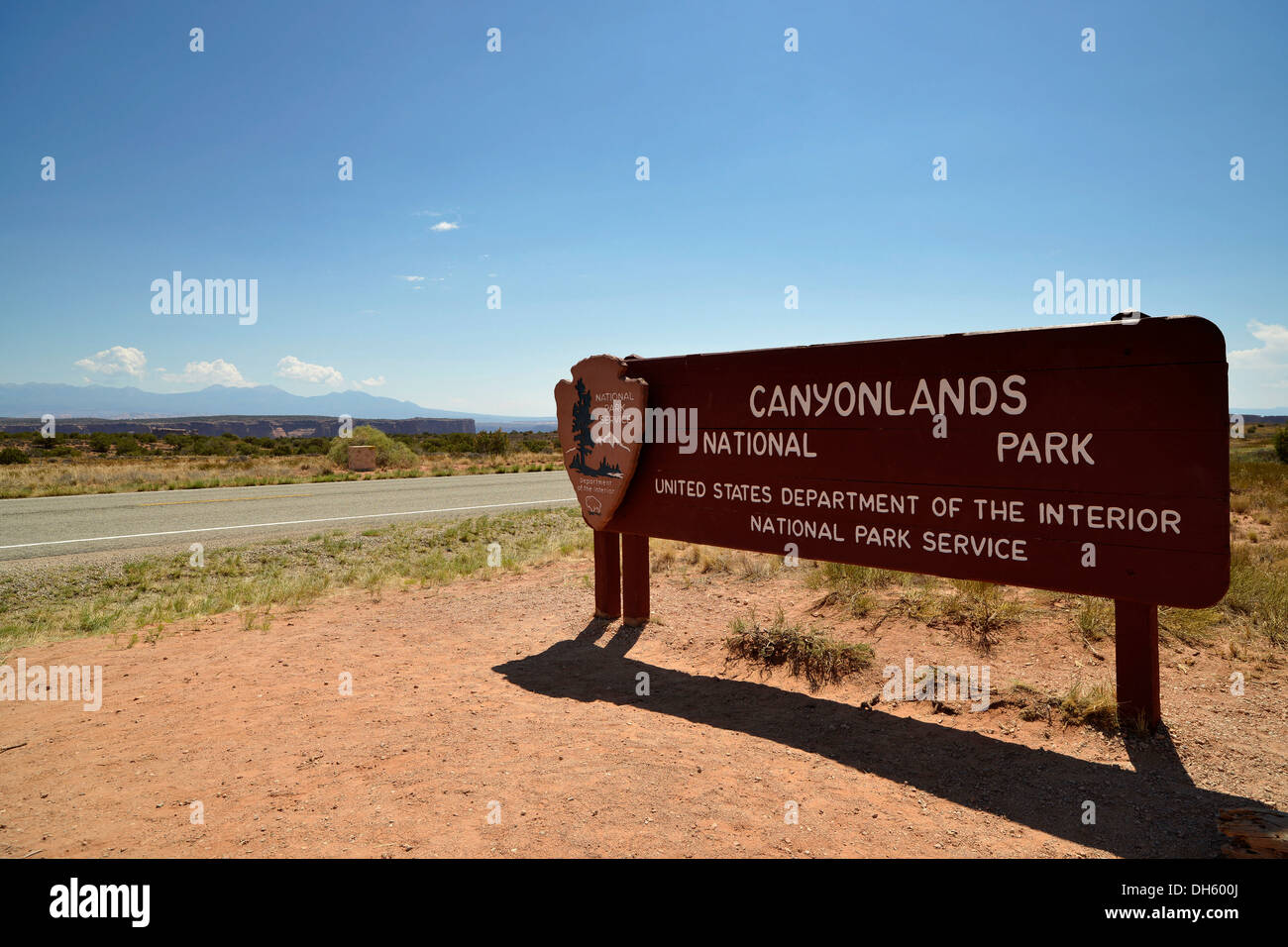 Entrance sign, Island in the Sky District, Canyonlands National Park, Utah, United States of America, USA Stock Photo