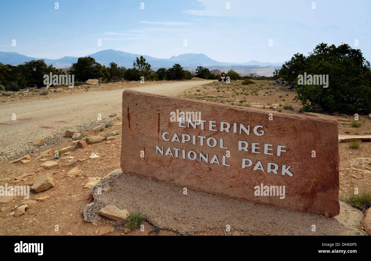 Burr Trail Road, sign in front of the entrance of the Capitol Reef National Park, Utah, USA Stock Photo