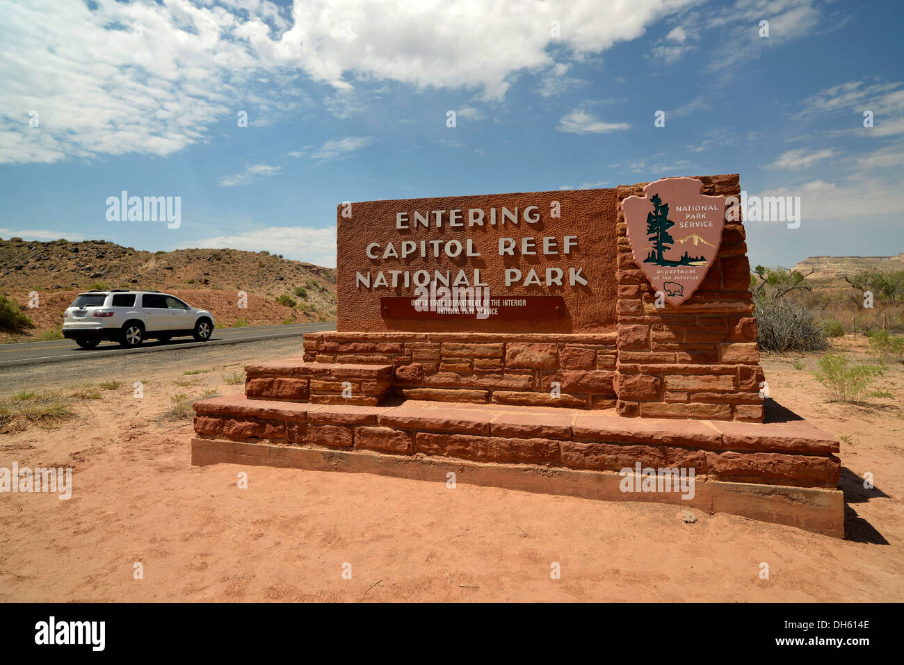Sign at the entrance of the Capitol Reef National Park, Utah, Southwestern USA Stock Photo
