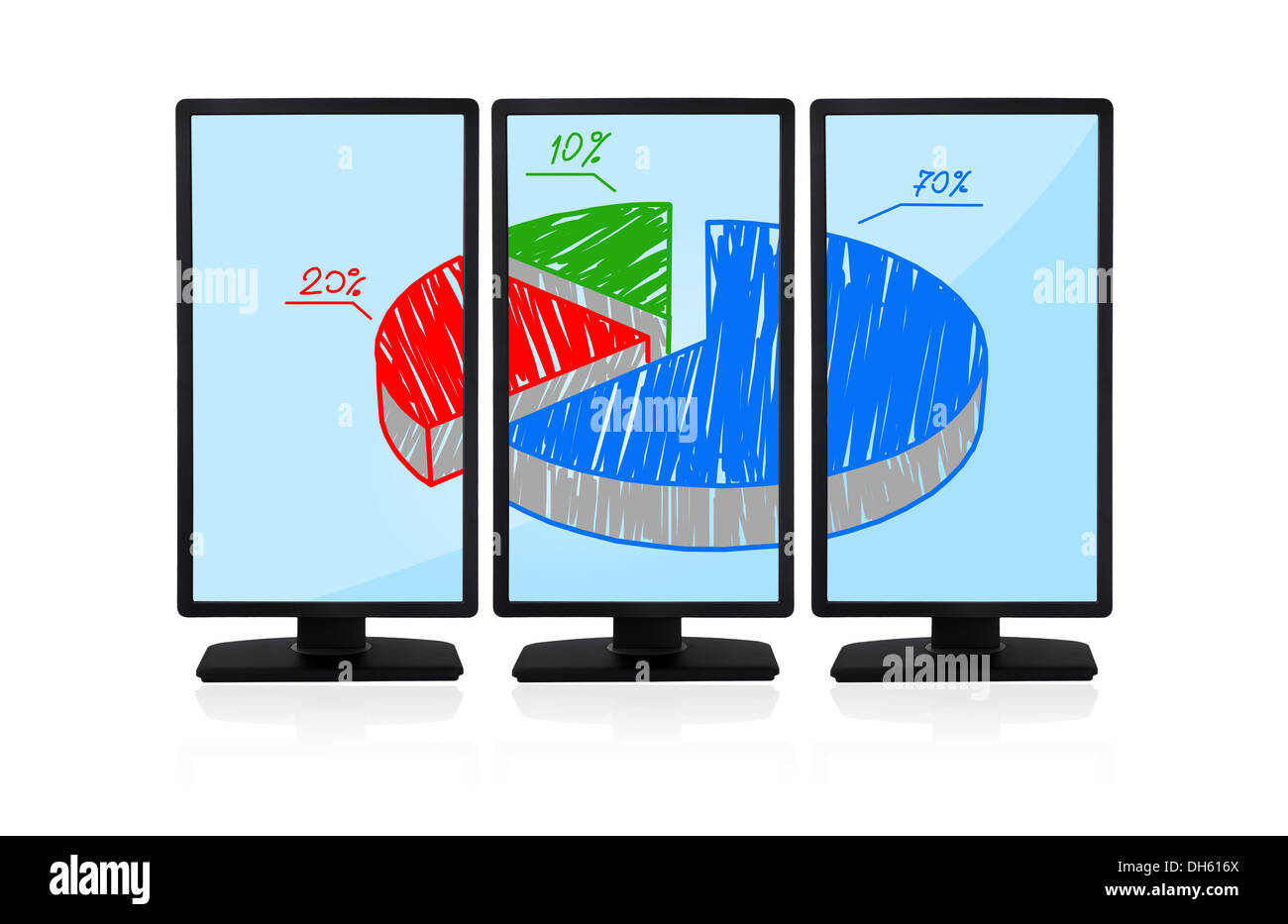 blue flat panels with pie chart on screen monitors Stock Photo