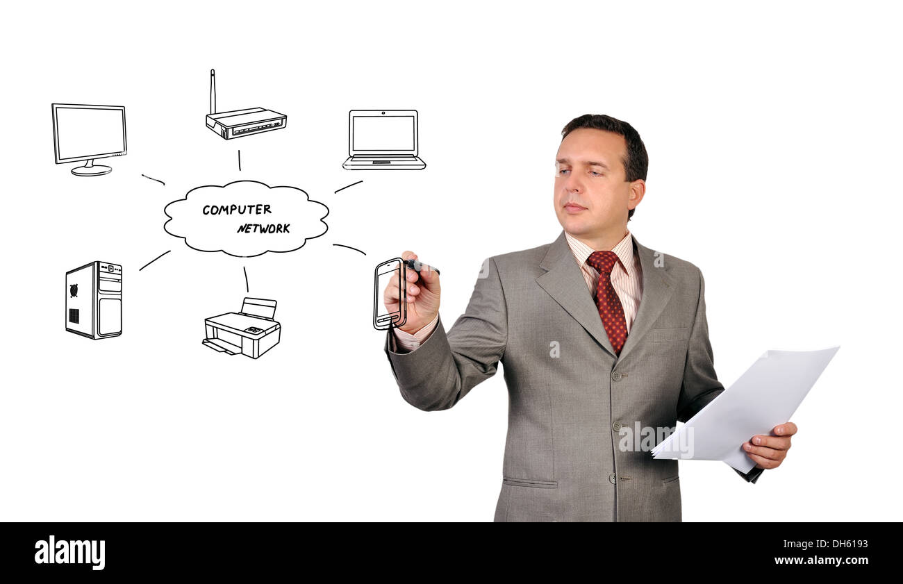 businessman drawing computer network on white background Stock Photo
