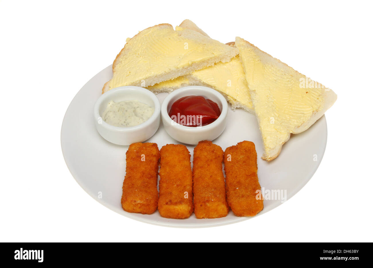 Fish fingers bread and butter with tartar sauce and tomato ketchup