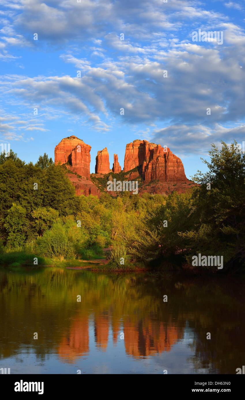 Reflection of Cathedral Rock in Oak Creek River, evening light, Oak Creek Canyon, Sedona Arizona, Southwest Stock Photo