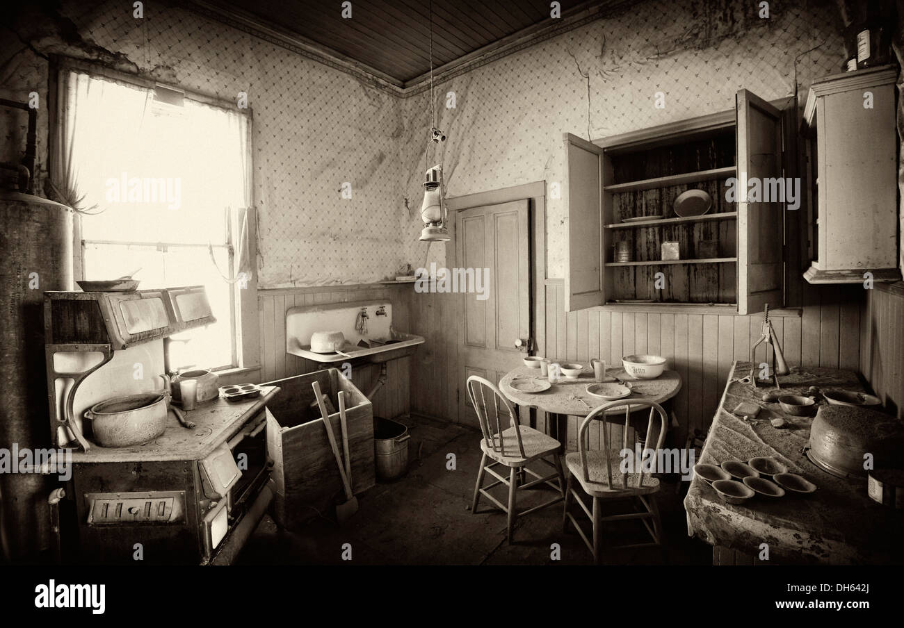 Kitchen interior, residence of the wealthy citizen James Stuart Cain, ghost town of Bodie, a former gold mining town Stock Photo