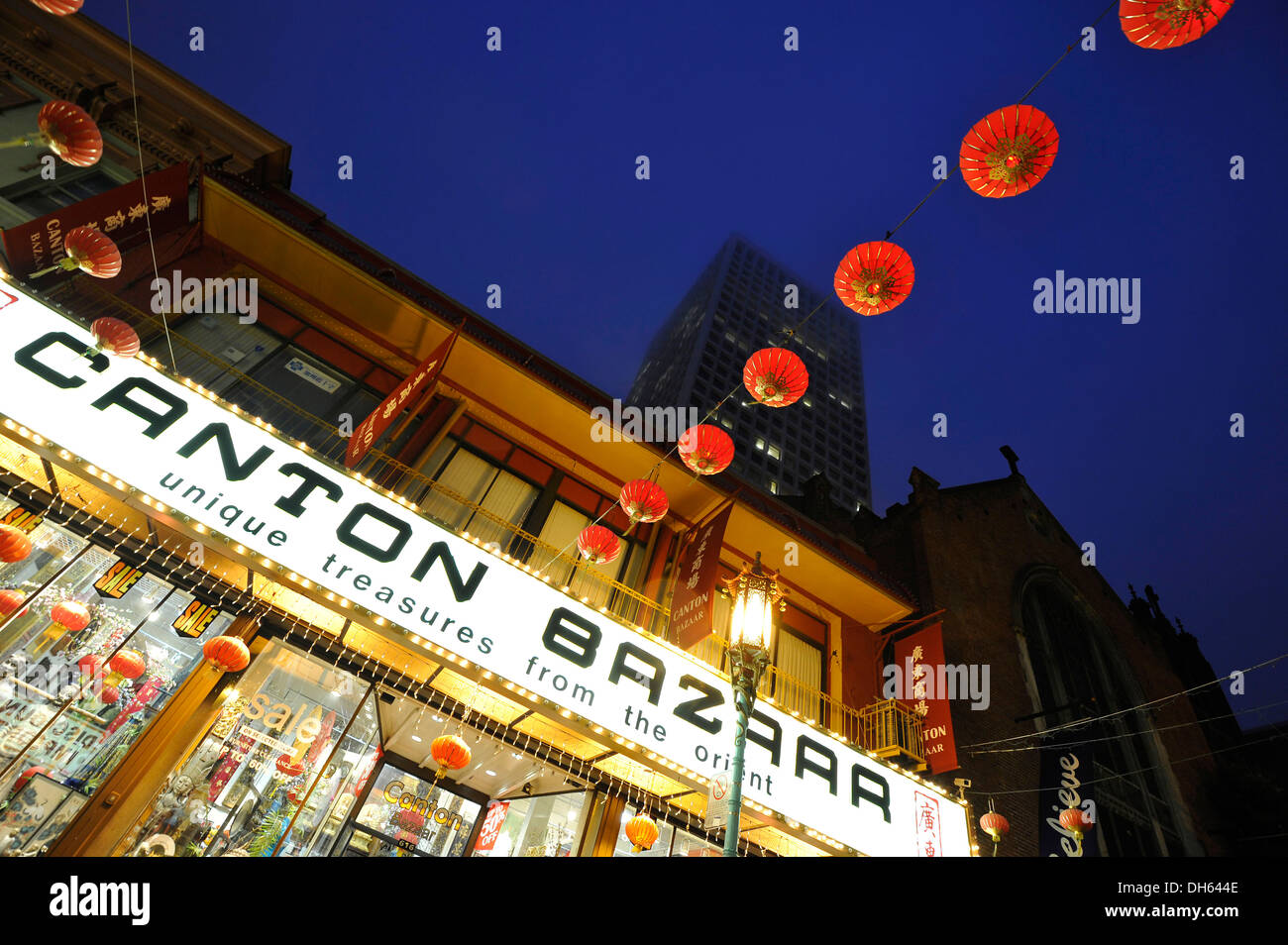 Cantonese Bazar and paper lanterns, Chinatown, San Francisco, California, United States of America, USA, PublicGround Stock Photo