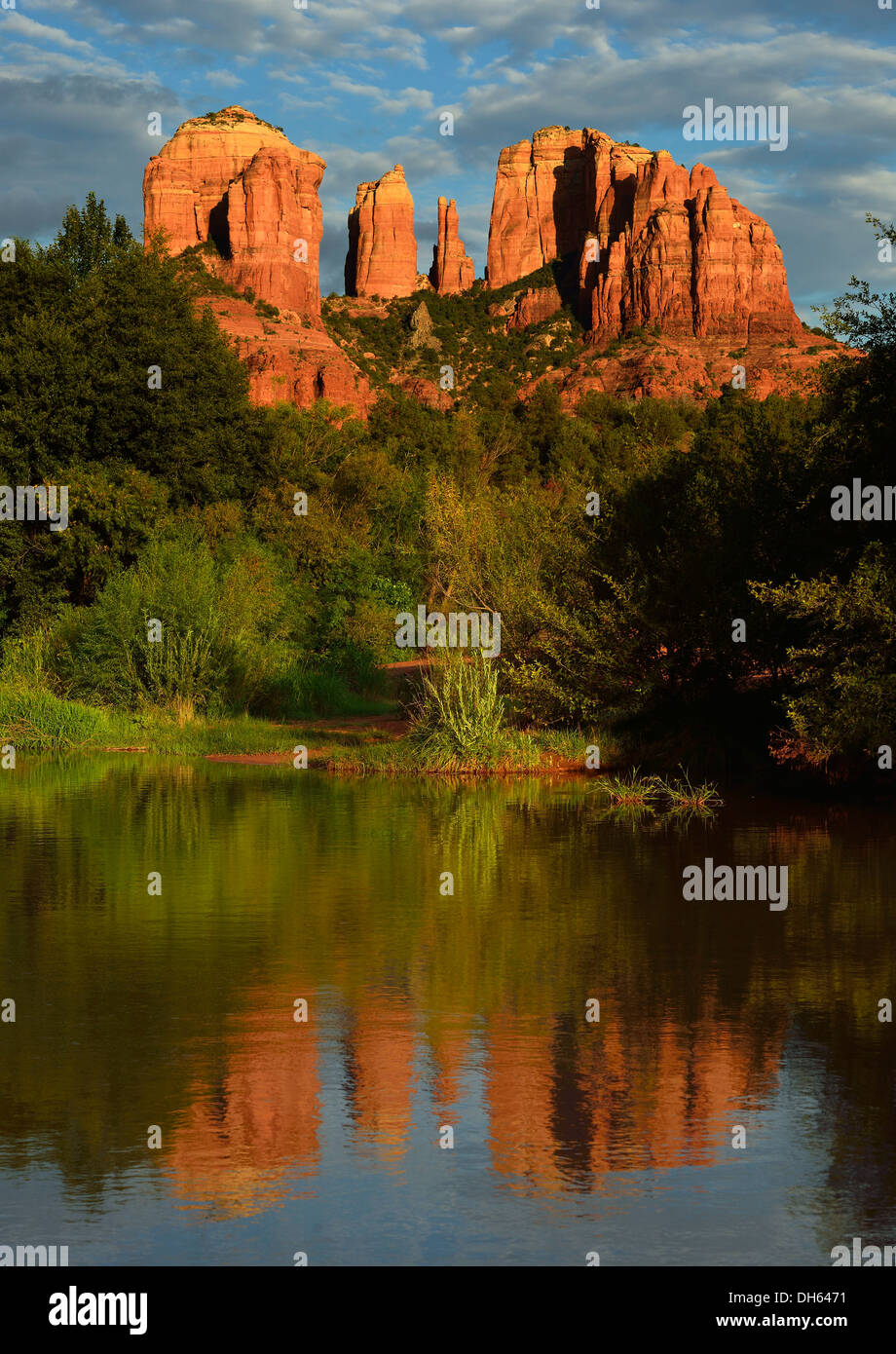Reflection of Cathedral Rock in Oak Creek River, evening light, Oak Creek Canyon, Sedona Arizona, Southwest Stock Photo