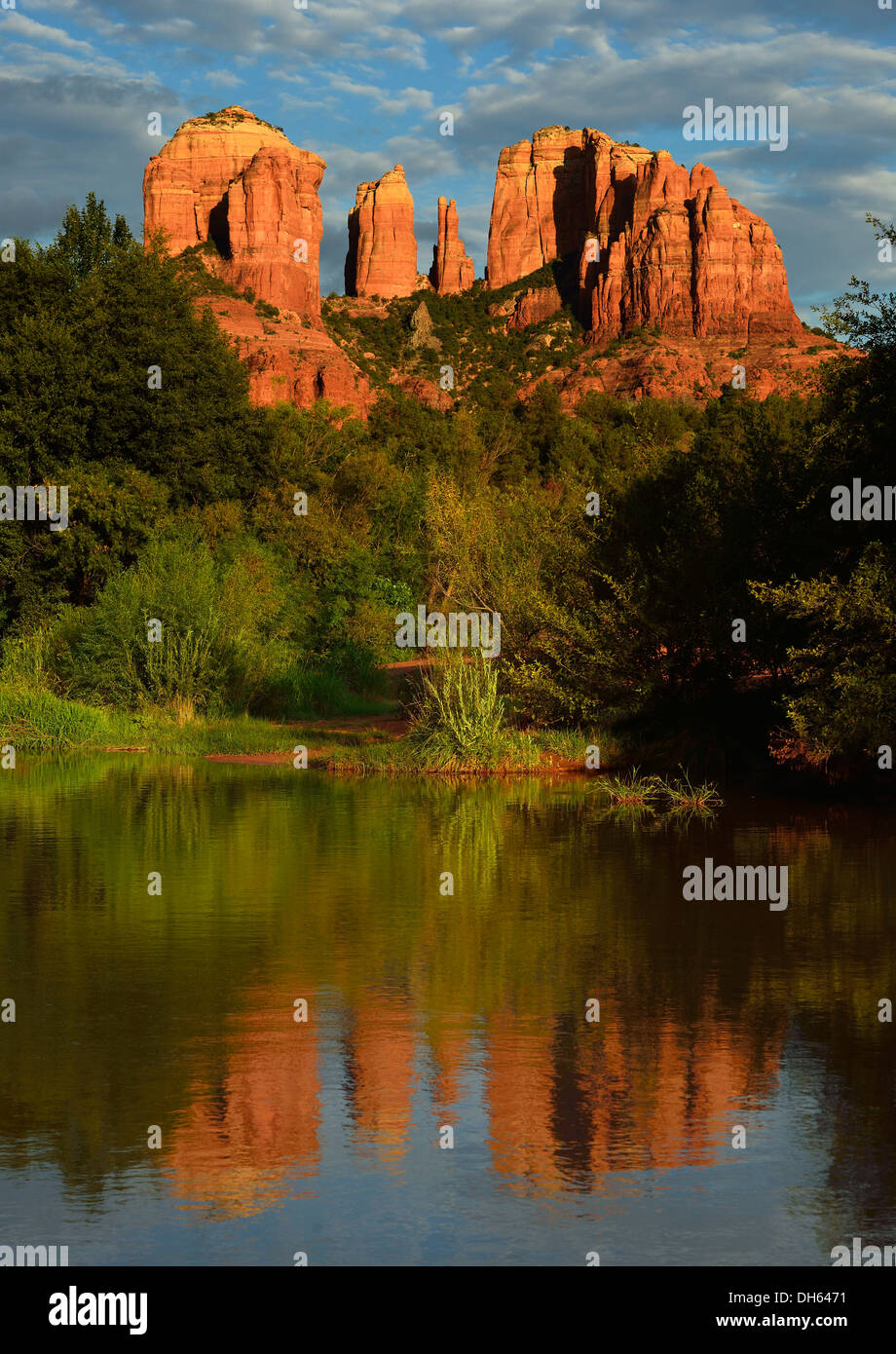 Reflection of Cathedral Rock in Oak Creek River, evening light, Oak