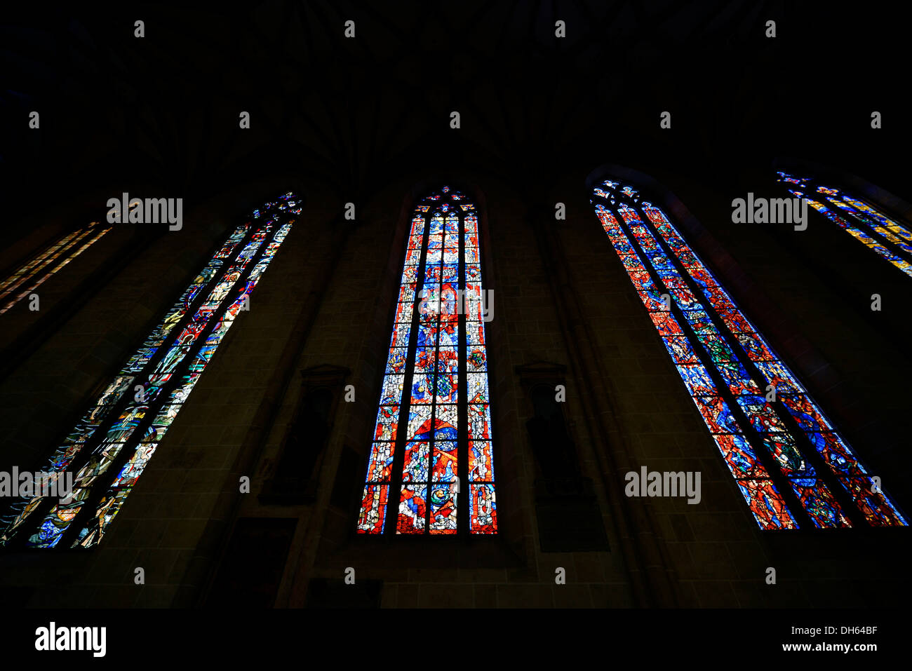 Stained glass windows, side aisle, interior, Ulm Minster, Ulm, Baden-Wurttemberg Stock Photo