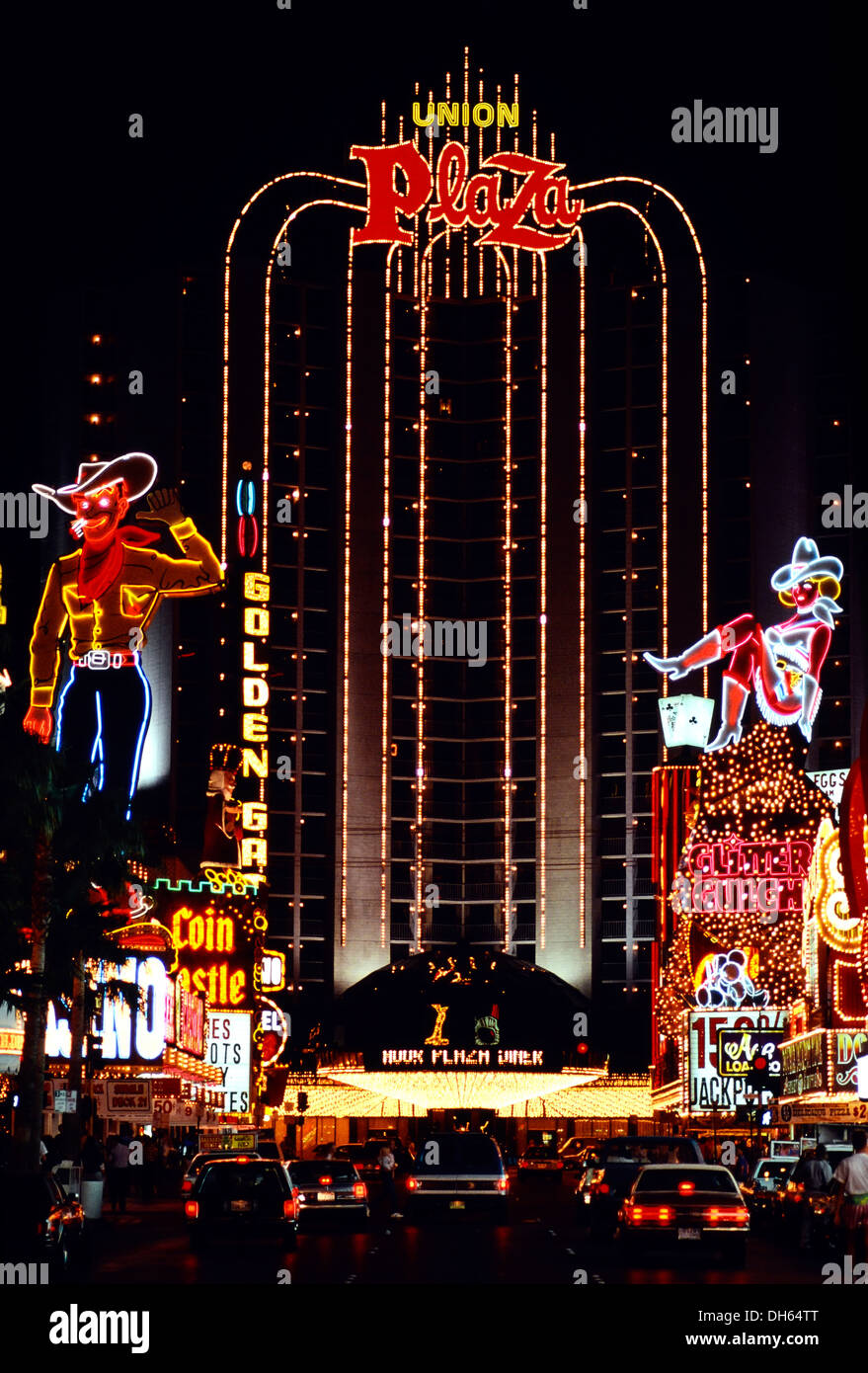 Landmark, famous cowboy figure 'Vegas Vic', Plaza Hotel and Casino, and 'Cowgirl Vicky', Fremont Street, historic photograph Stock Photo