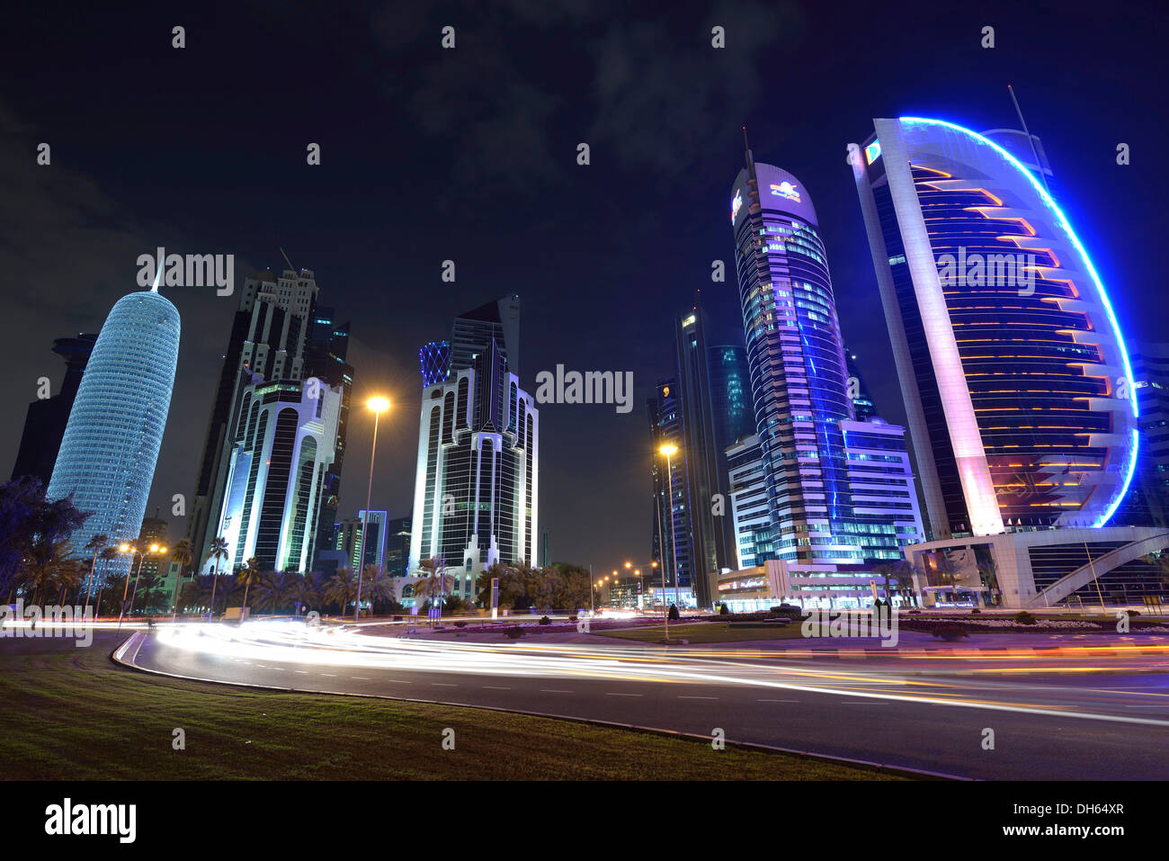 Skyline of Doha at night with Palm Tower 1 and 2, the World Trade Stock