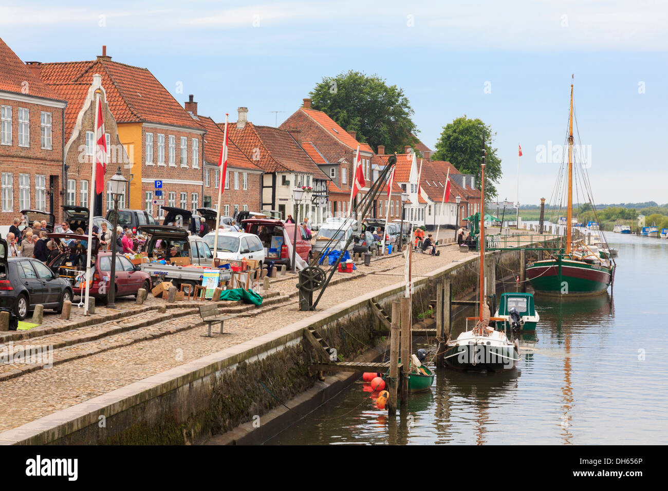 Street market on quayside of River Ribe in oldest Danish town of Ribe, South West Jutland, Denmark, Scandinavia, Europe Stock Photo