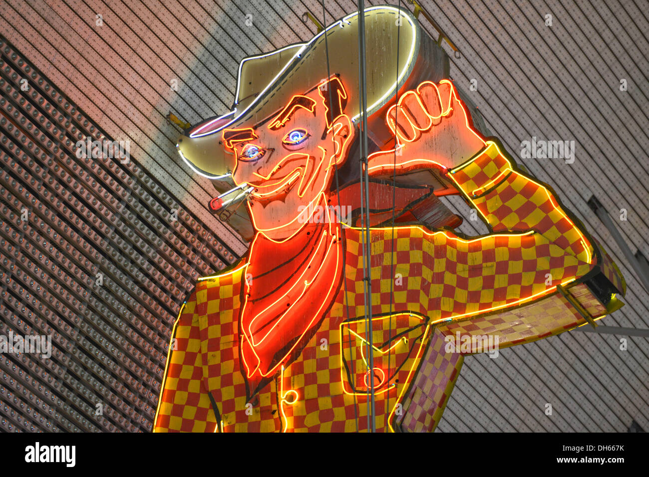 Vegas Vic, famous cowboy figure and landmark, neon sign in old Las Vegas, Pioneer Casino Hotel, Fremont Street Experience Stock Photo