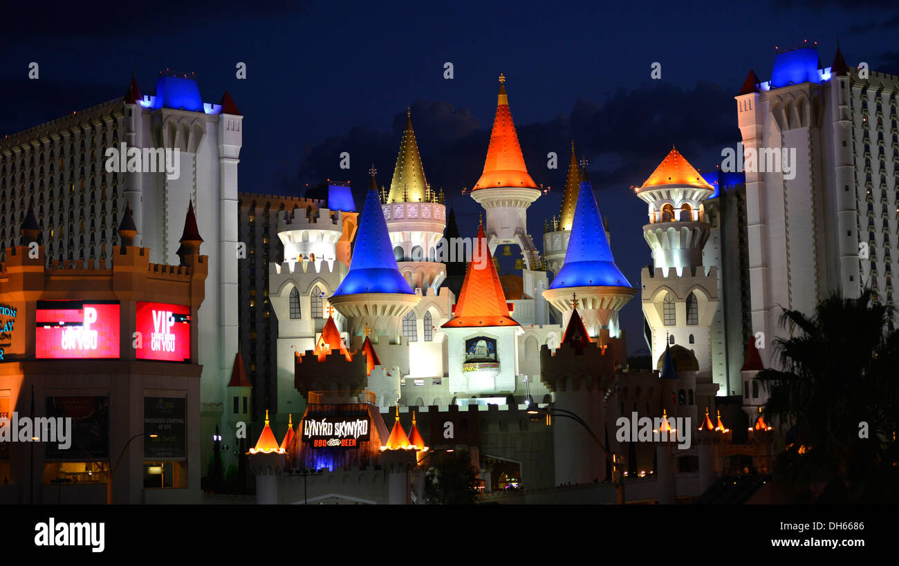 Night scene, luxury hotel and casino, The Excalibur, Las Vegas, Nevada, United States Stock Photo