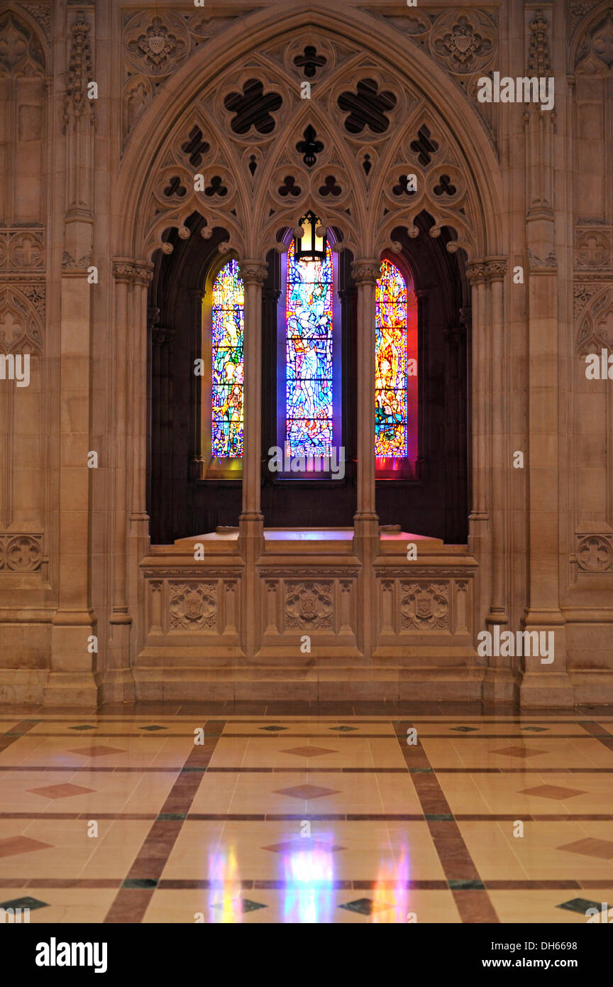 Church window in the aisle, Washington National Cathedral or Cathedral Church of Saint Peter and Saint Paul in the city and Stock Photo