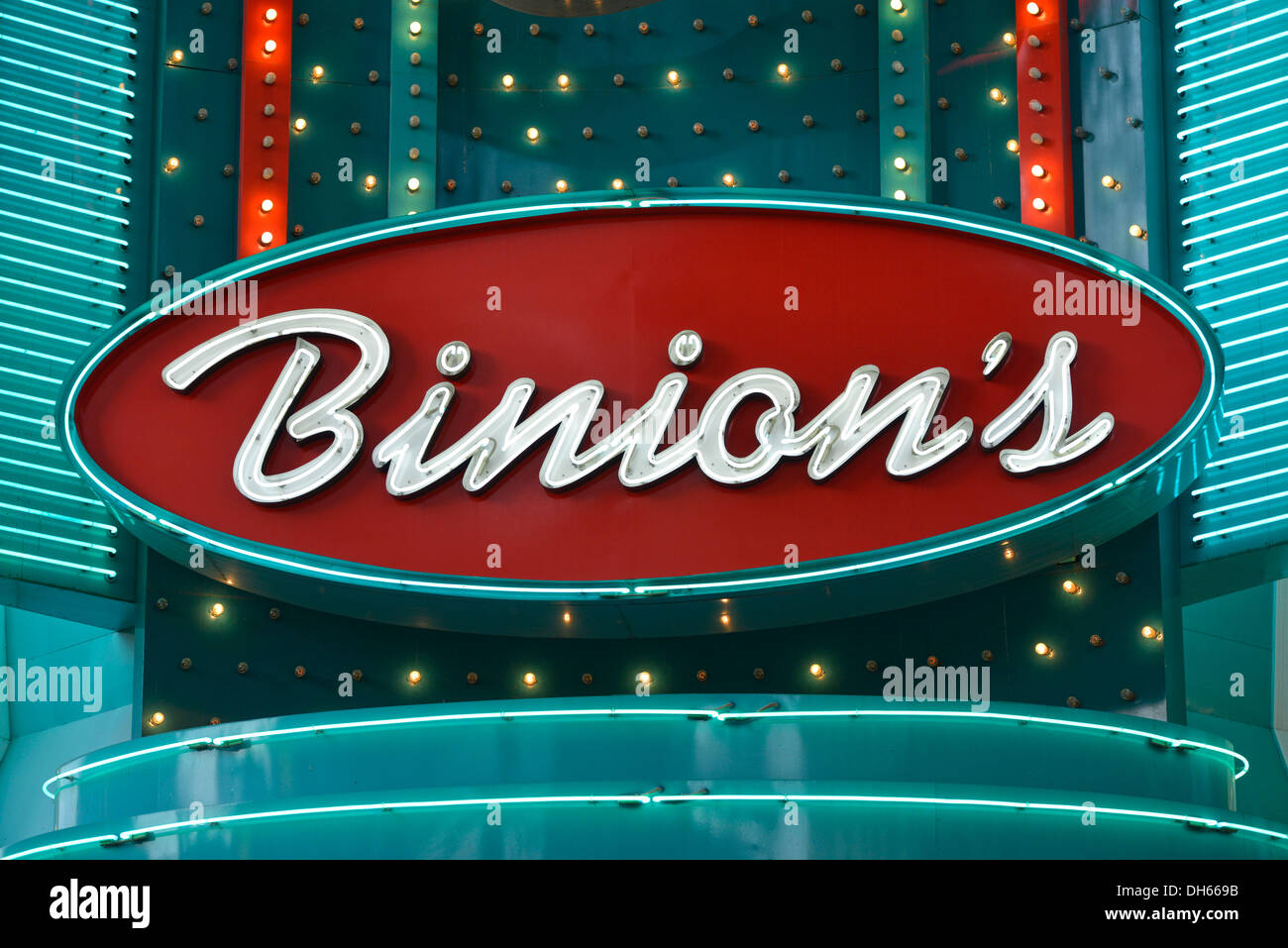 Neon signage of Binion's Horseshoe Gambling Hotel and Casino, Fremont Street Experience in old Vegas, downtown, Las Vegas Stock Photo
