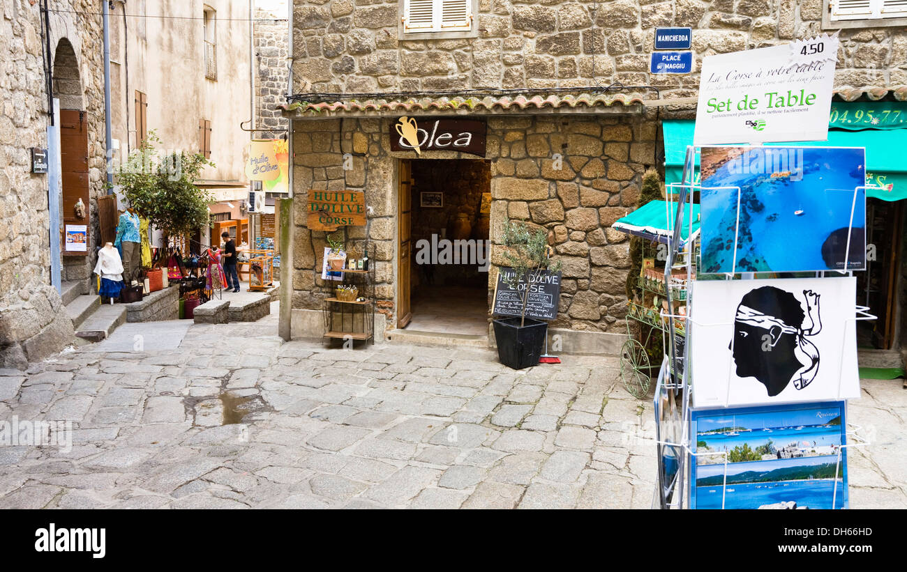 Shop selling traditional local products, Place du Maggiu, old town of Sartene, Corsica, France, Europe Stock Photo