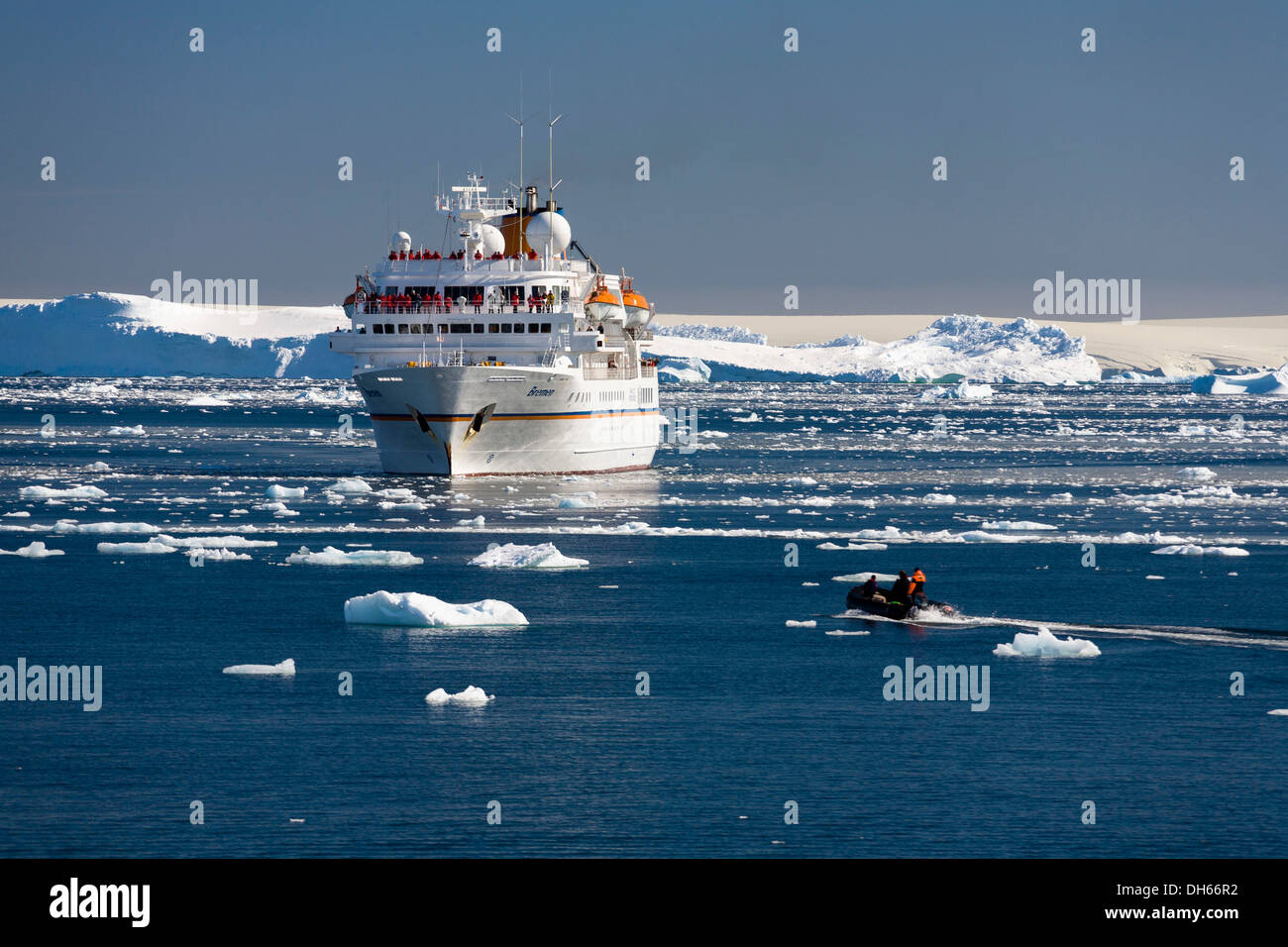 Cruise ship MS Bremen and Zodiak, Prospect Point, Antarctic Peninsula, Antarctica Stock Photo