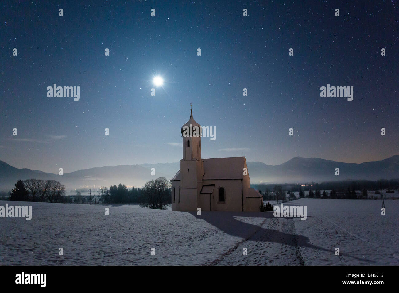 Moonlit St. Johannisrain church, St. Johannisrain, Penzberg, Upper Bavaria, Bavaria, Germany Stock Photo