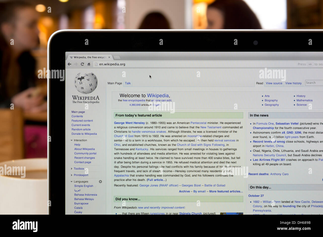 The Wikipedia website shot in a coffee shop environment (Editorial use only: ­print, TV, e-book and editorial website). Stock Photo