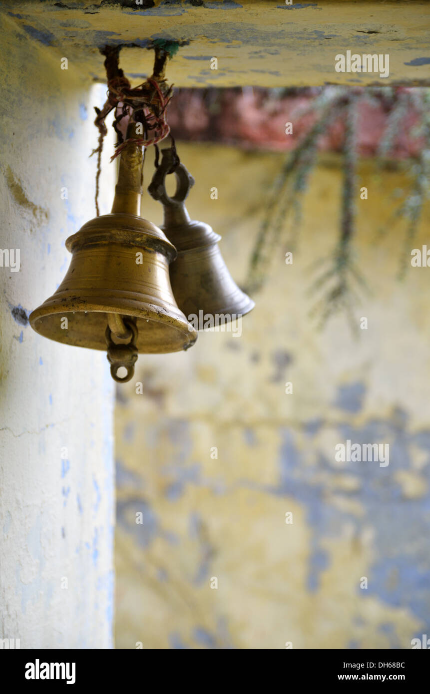 Ritual bells in Hindu temple, Mana village, India Stock Photo