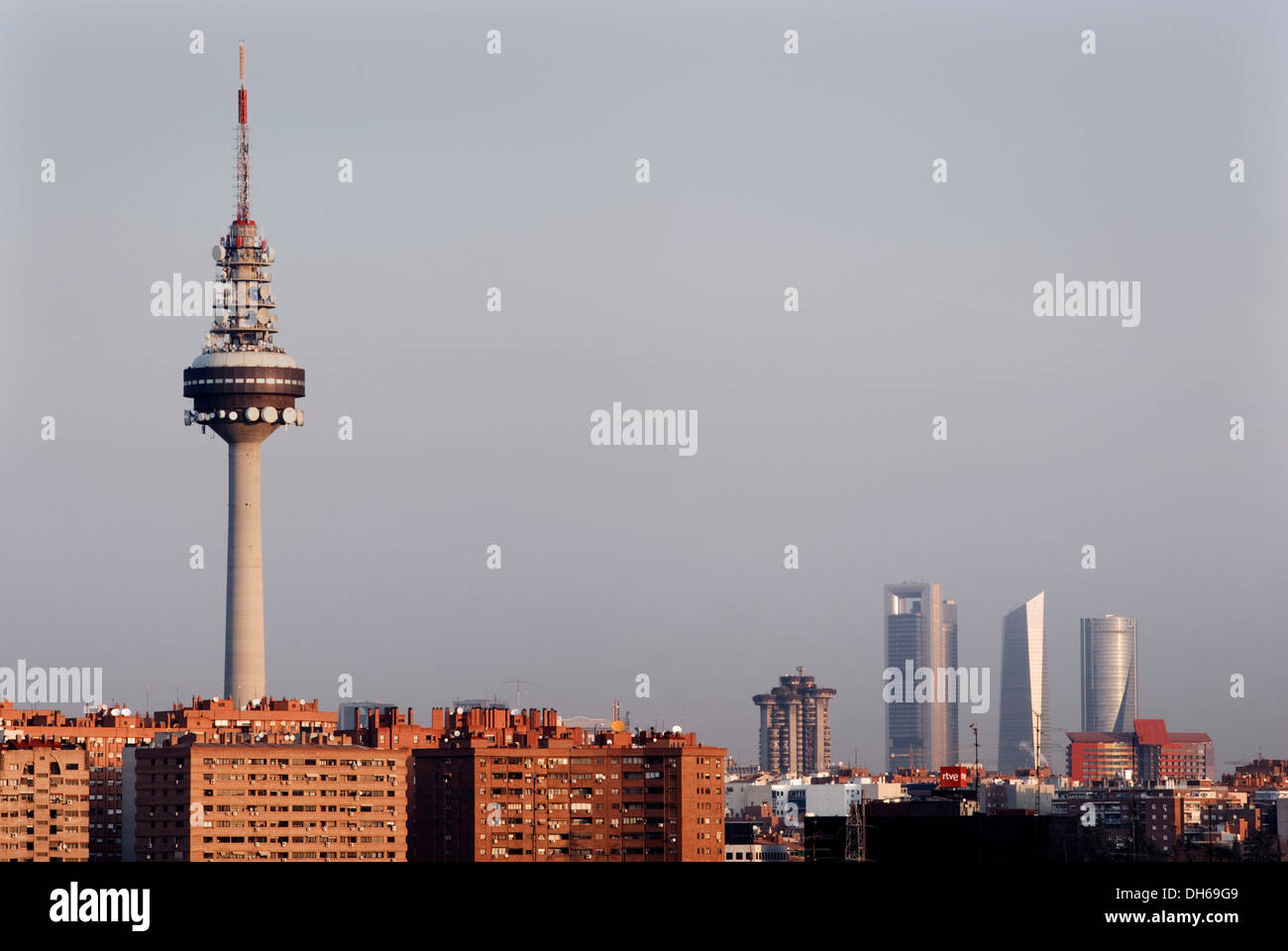 Television tower Torrespaña dominates the skyscrapers still under construction, Madrid, Spain, Europe Stock Photo